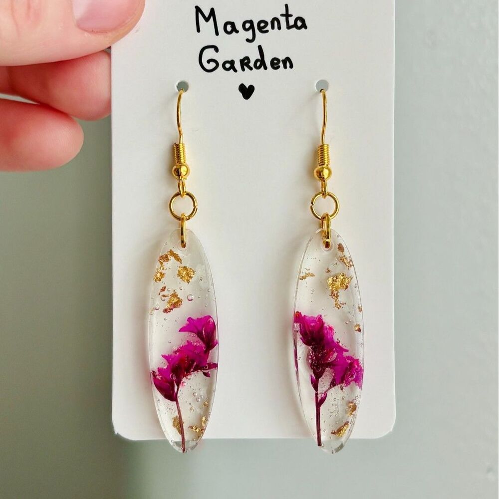 Pink Flower Resin Dangle Earrings with Gold Flakes and Botanical Charm